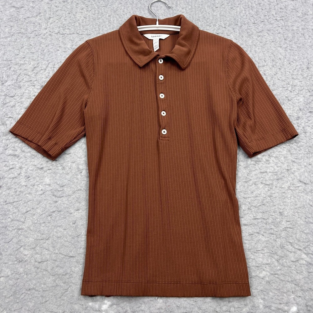 SPANX Ribbed Polo Top Women's Medium Brown Modern Minimal Stretch Popover‎ Shirt